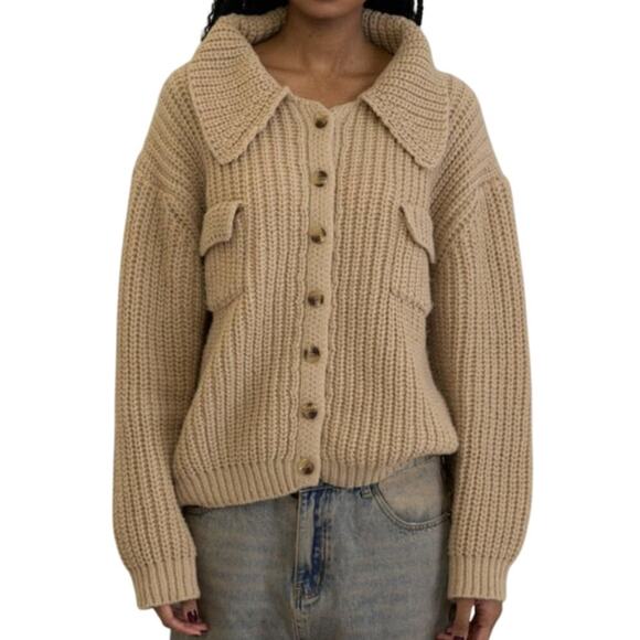 Beaumont Soho Cardigan Sweater Tan Chunky Collar Wool Blend 2X NWT - Picture 1 of 6